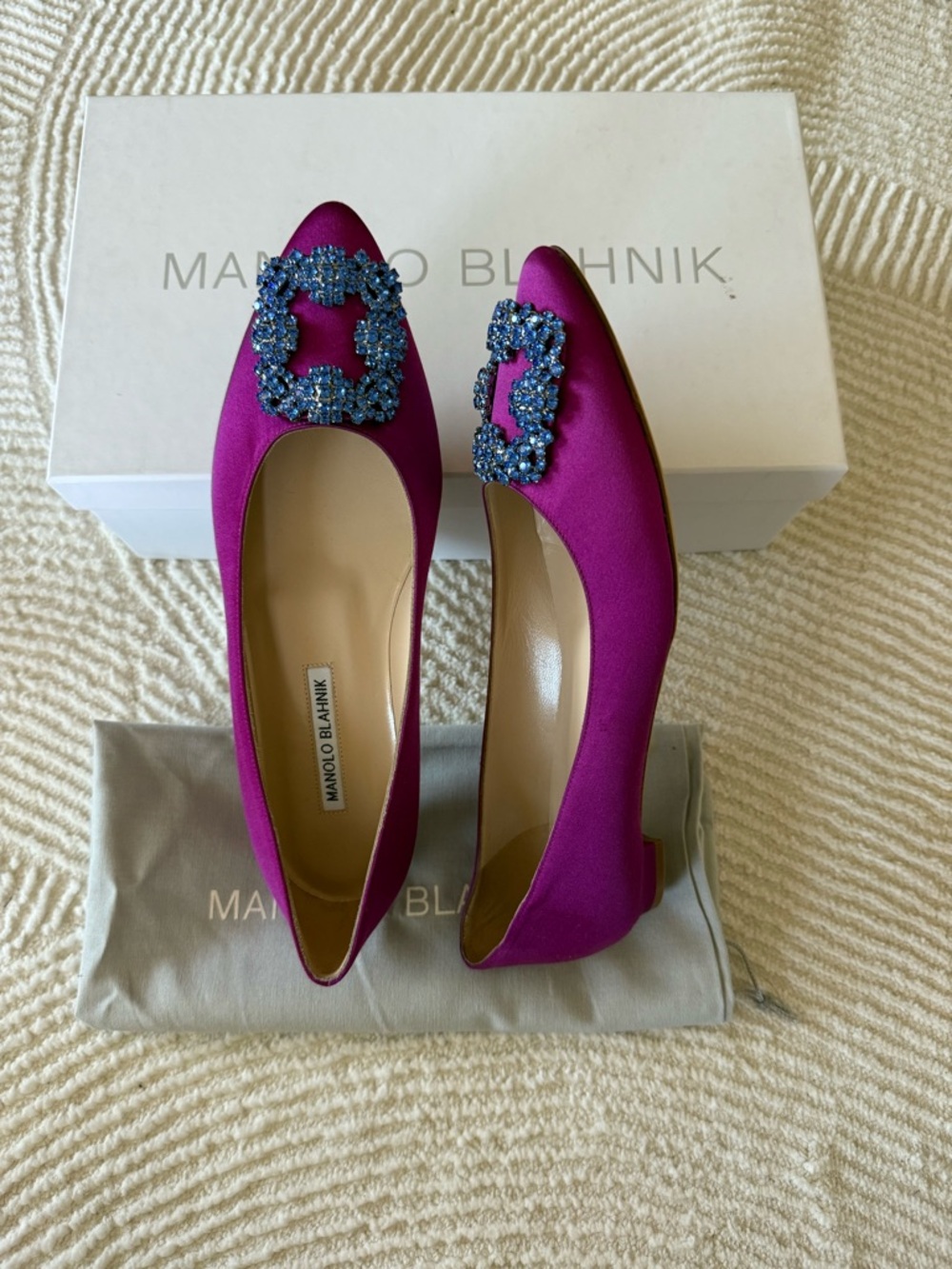 NEW Manolo Blahnik Hangisi Satin Pointed-Toe Flats with Blue Crystal Buckles